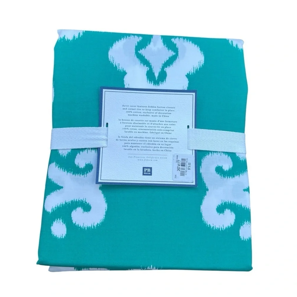 Pottery Barn Ikat Medallion Duvet Cover Twin Green White Cotton Modern Teen Dorm
